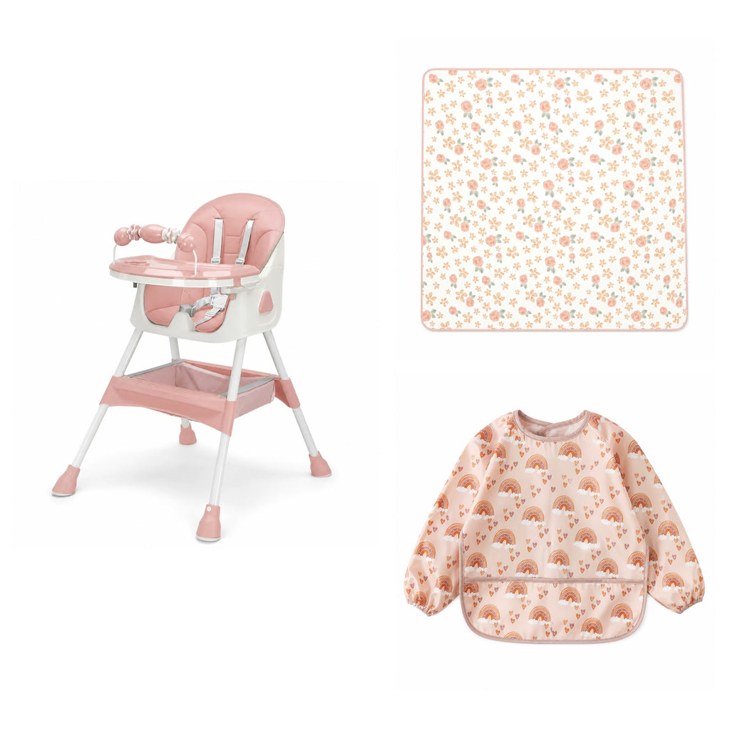 Pack Essentiel NIDOMEA rose poudré : chaise haute pliable E500, tapis de repas et bavoir à manches longues