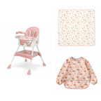Pack Essentiel NIDOMEA rose poudré : chaise haute pliable E500, tapis de repas et bavoir à manches longues