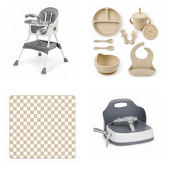 Pack Nomade : chaise haute, coffret, tapis et rehausseur, ensemble Gris
