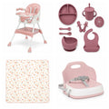 Pack Nomade NIDOMEA rose poudré : chaise haute pliable E500, coffret repas 9 pièces, tapis de repas et rehausseur de chaise