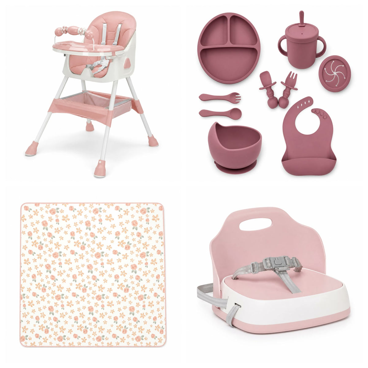 Pack Nomade NIDOMEA rose poudré : chaise haute pliable E500, coffret repas 9 pièces, tapis de repas et rehausseur de chaise