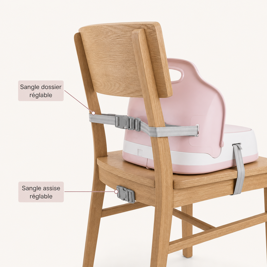 Les deux sangles du rehausseur rose poudré, une sur l’assise et une sur le dossier