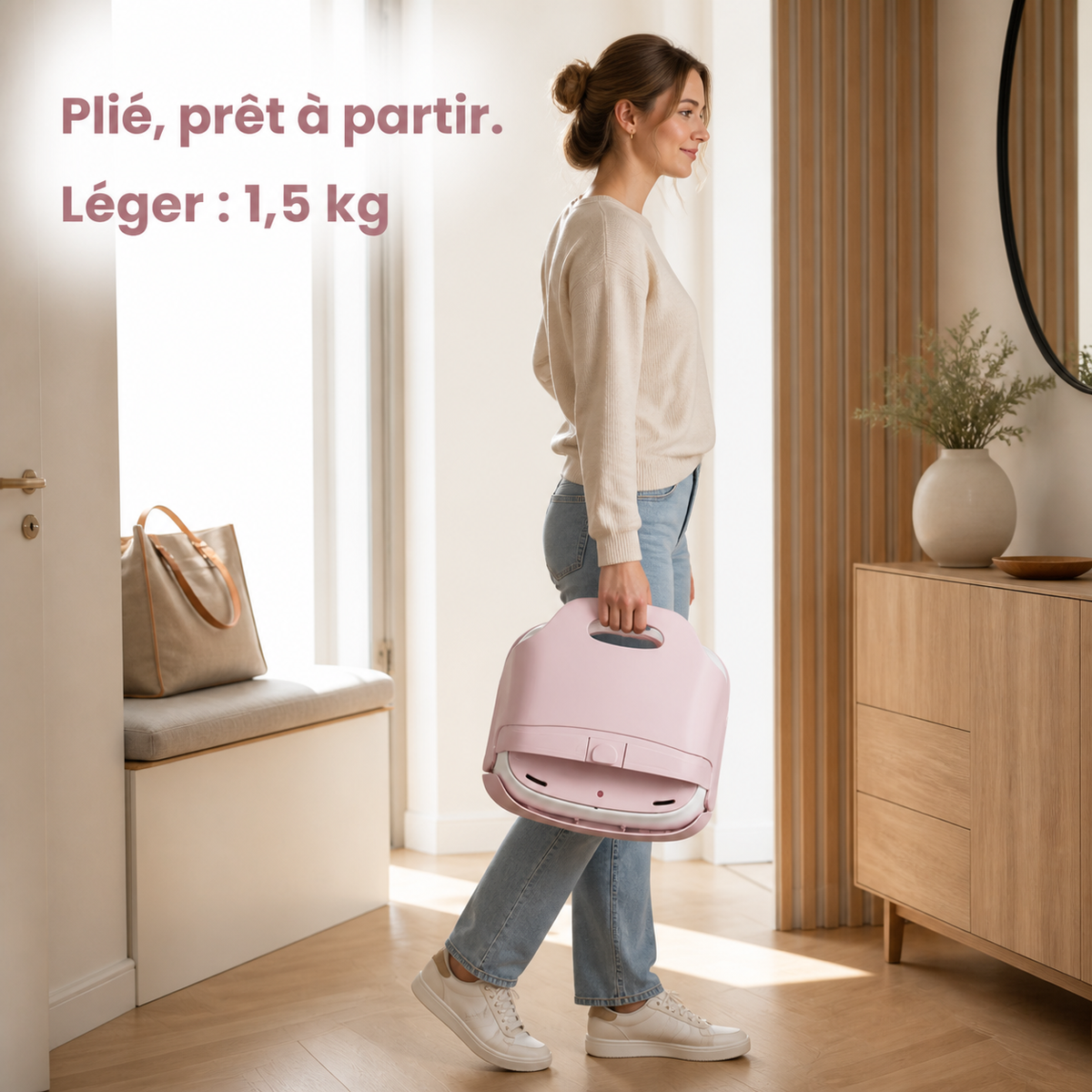 Rehausseur nomade rose poudré replié pour le transport