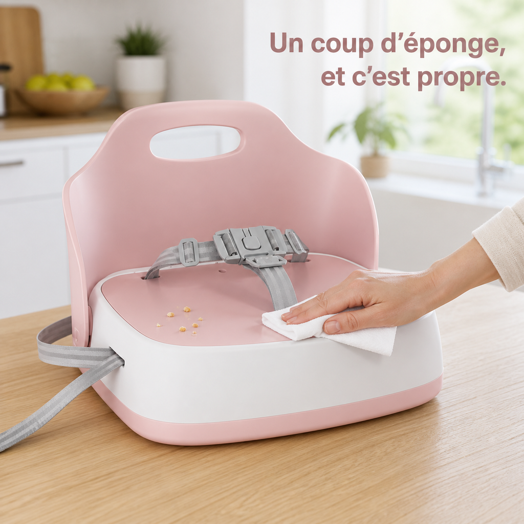 Surface lisse du rehausseur rose poudré, à essuyer après le repas
