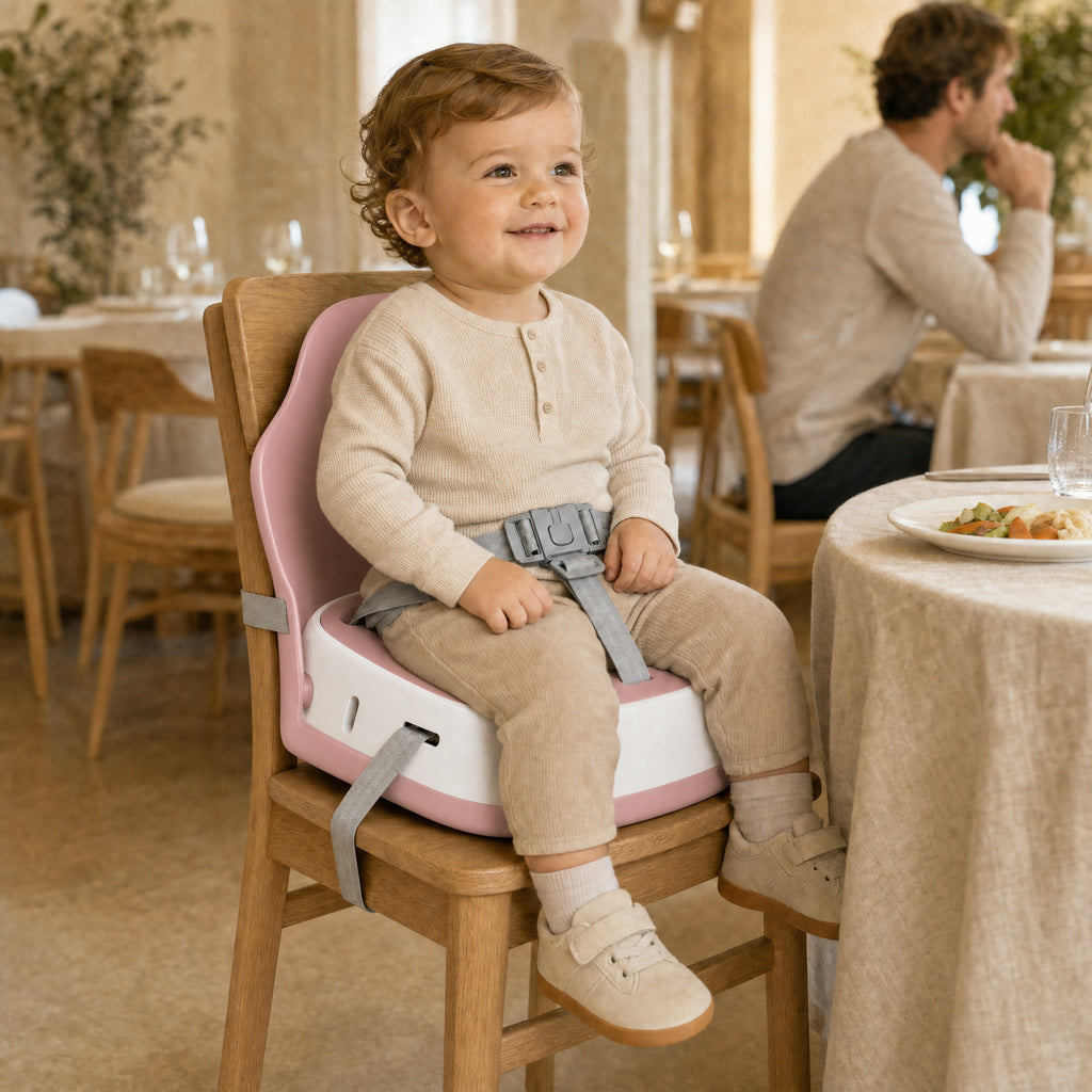 Rehausseur de chaise nomade rose poudré, utilisé au restaurant