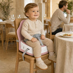 Rehausseur de chaise nomade rose poudré, utilisé au restaurant
