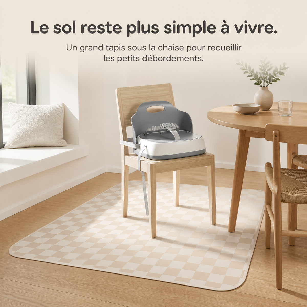 Le tapis damier beige protège le parquet sous la chaise haute
