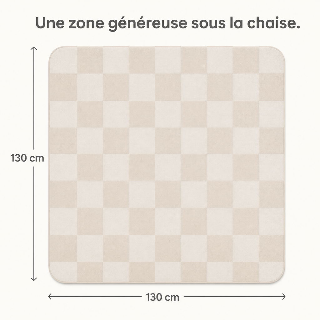 Dimensions du tapis damier beige : 130 × 130 cm, soit 1,69 m² au sol