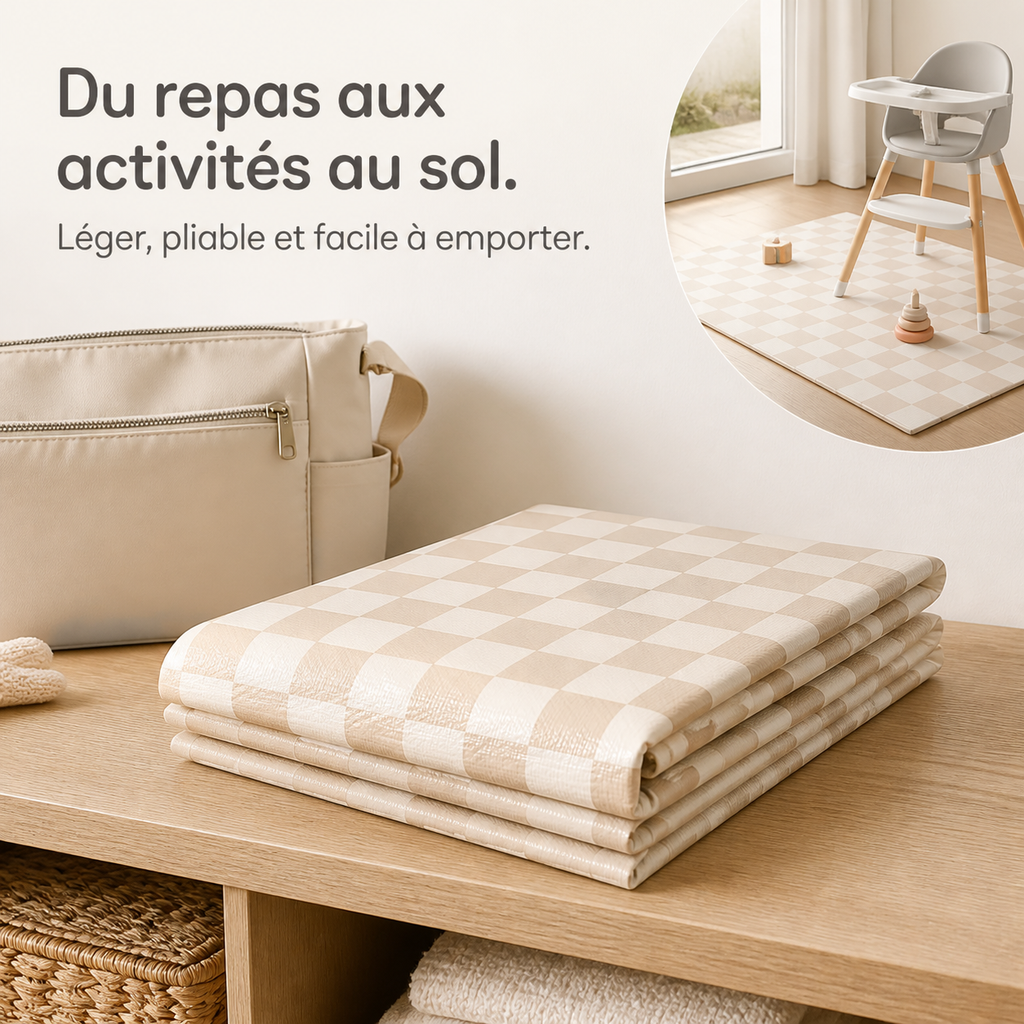 Le tapis damier beige se replie et sert aussi au jeu et au pique-nique